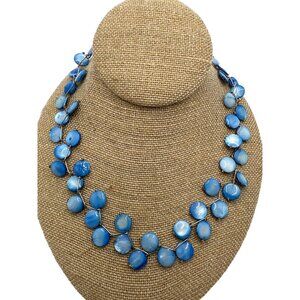 Boho Blue Shell Necklace Mother of Pearl Dyed Vine Style Silver Tone